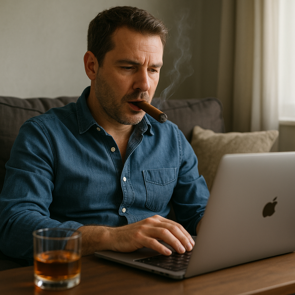 Man on his laptop smoking a cigar