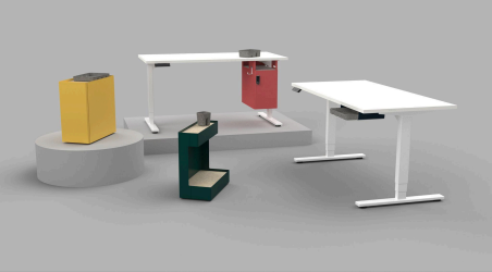 Personal metal storage units from Artopex, available in various configurations and modern colors (yellow, red and green), shown alongside white adjustable desks. These units include suspended, mobile and fixed options, perfect for a functional and aesthetically pleasing workspace.