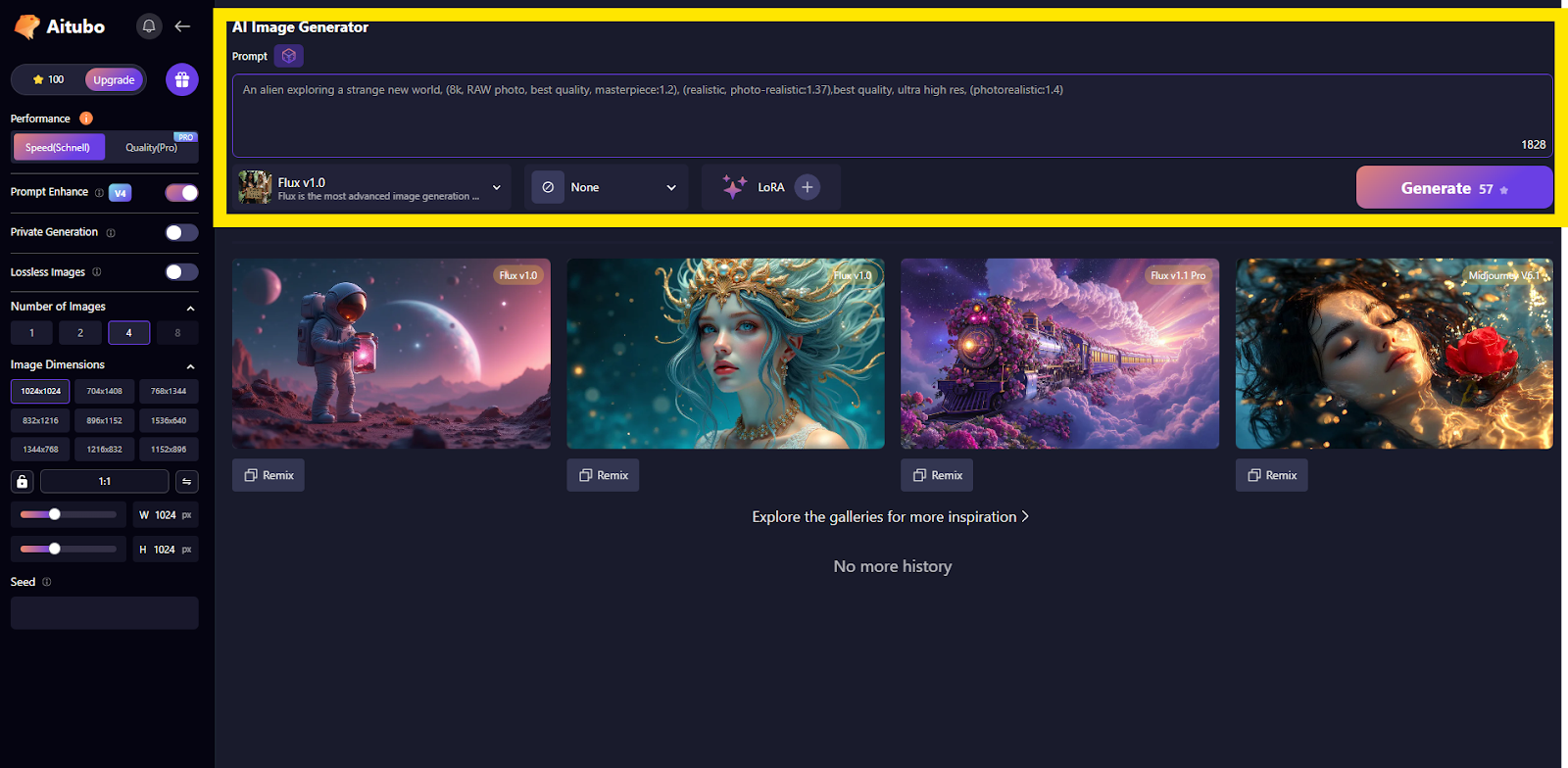 Aitubo AI image generator interface showing prompt input, settings panel, and generated image previews.