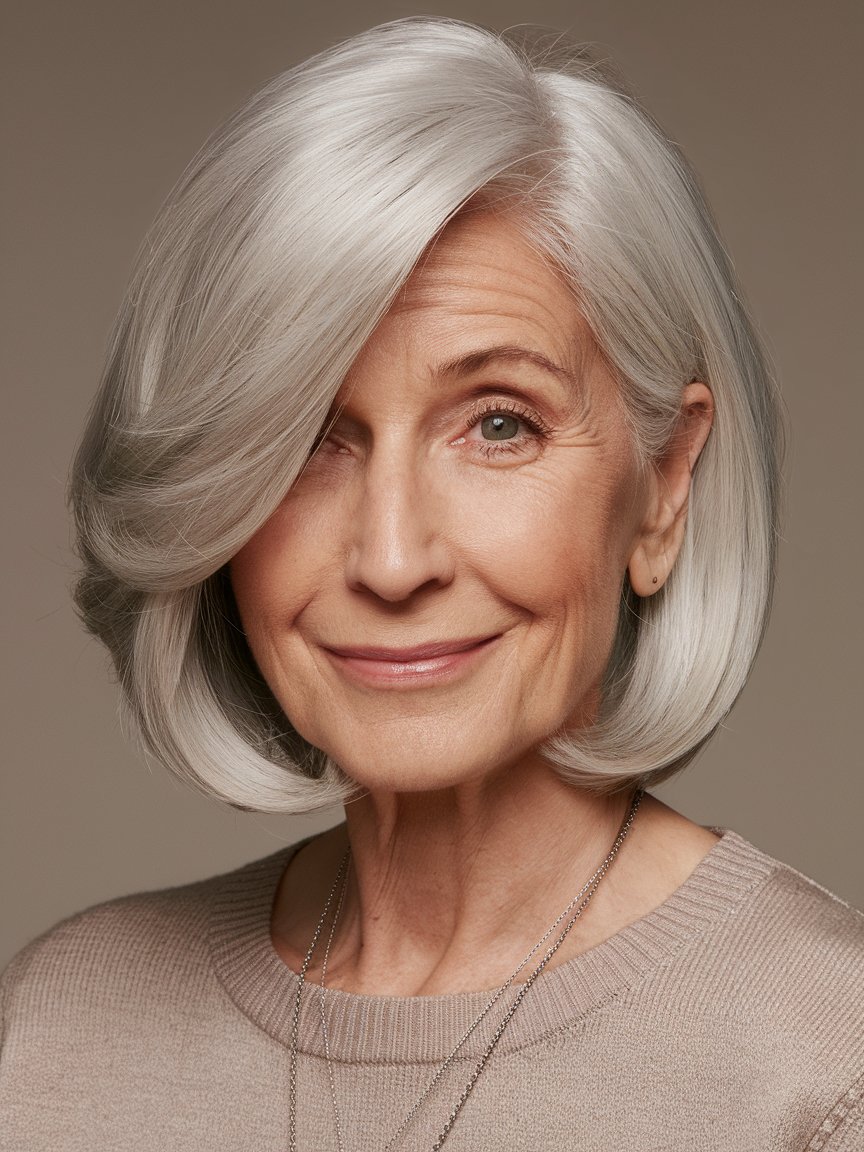 8. Sleek Silver Bob With Side Part