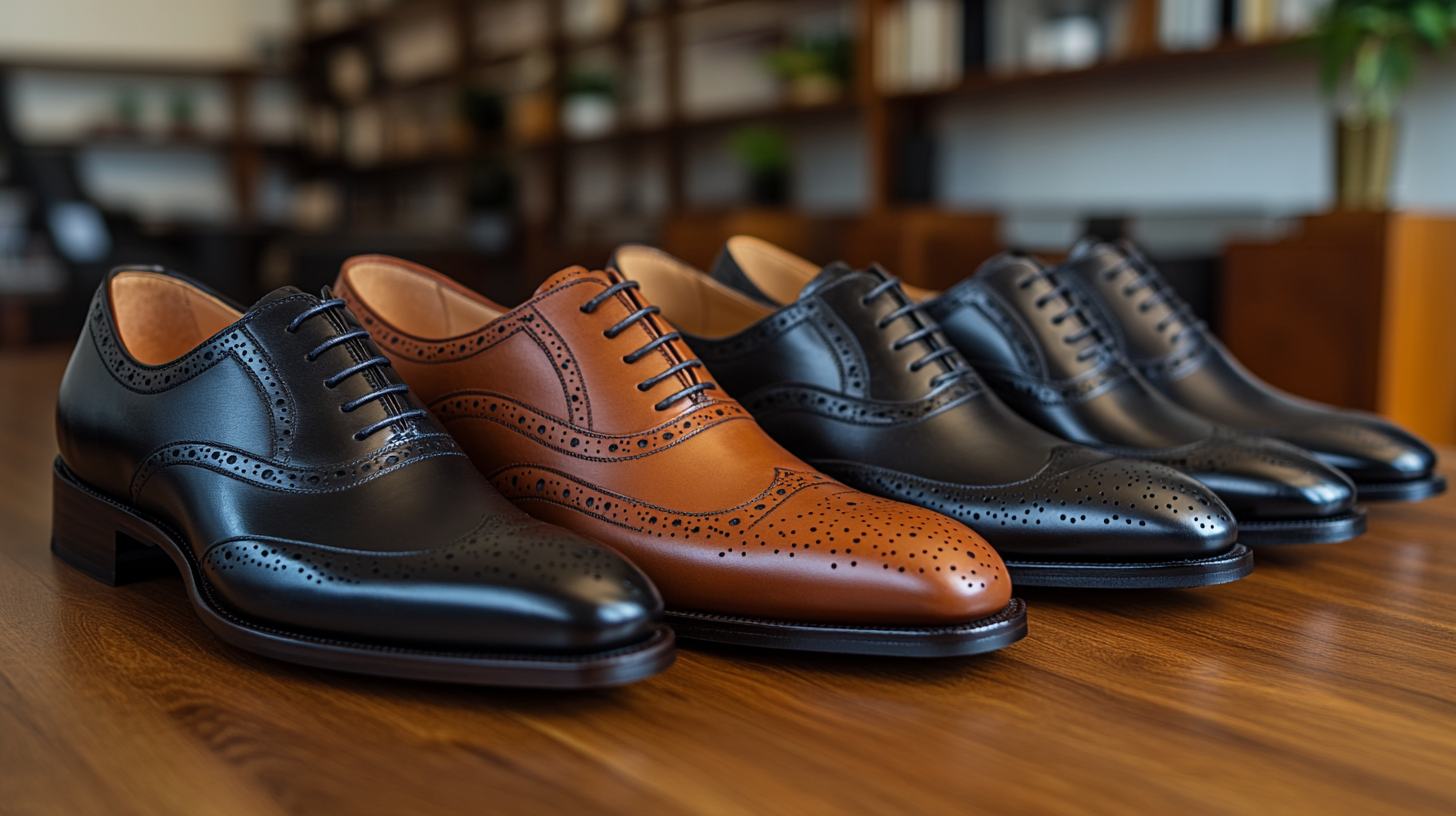 A collection of polished dress shoes: black oxfords, brown brogues, and black leather loafers, all neatly displayed on a clean office floor. The shoes are professional and stylish, perfect for pairing with different suits. Soft natural light reflects off the polished leather, set against a minimalist office background.