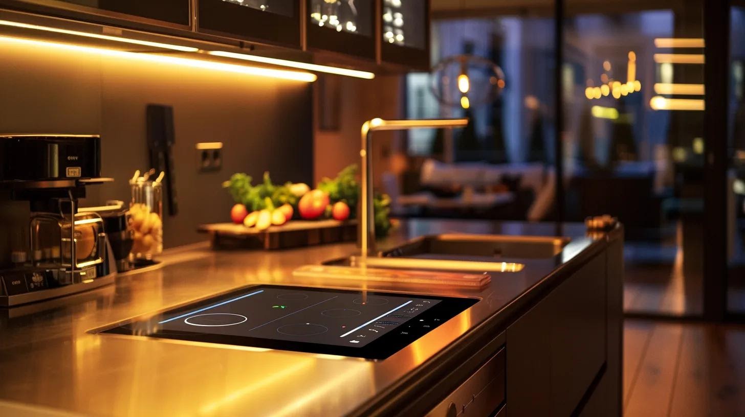 a sleek, modern kitchen equipped with smart appliances, featuring a digital control panel on the countertop, illuminated by warm, ambient lighting that emphasizes the high-tech features seamlessly integrated into the home design.