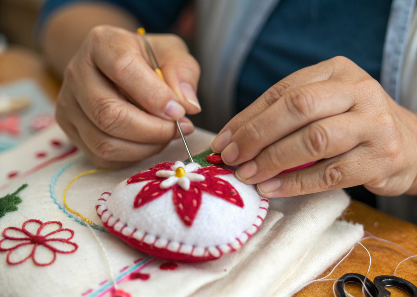 Close-up de mãos habilidosas trabalhando em um projeto de artesanato com feltro