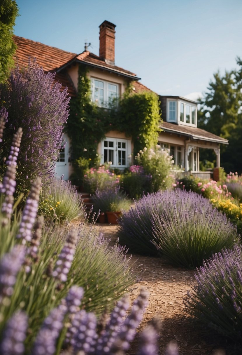 A quaint house with a vibrant lavender border, surrounded by lush greenery and blooming flowers