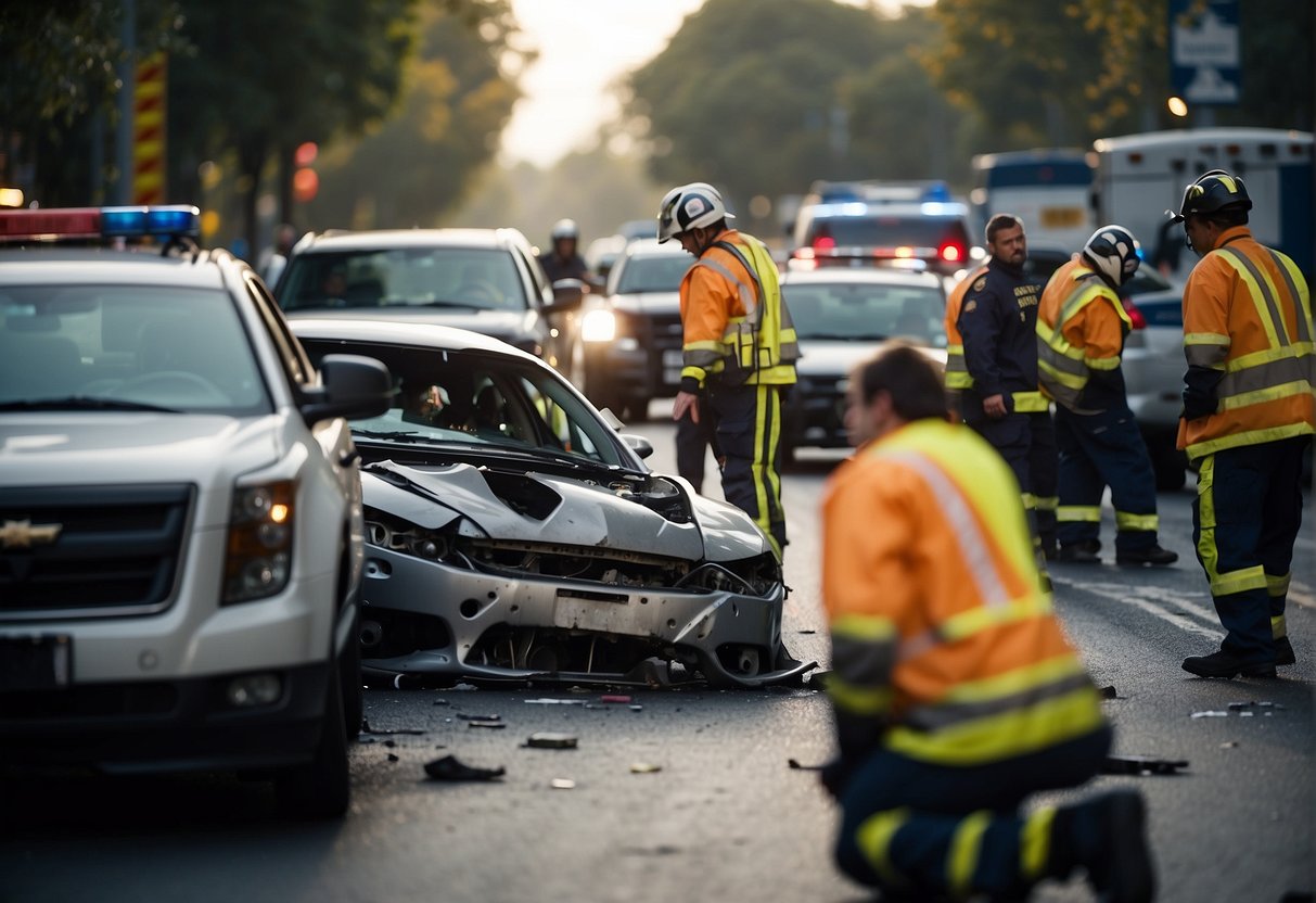 Emergency vehicles surround a damaged car on the road. People are assisting the injured while others are documenting the scene