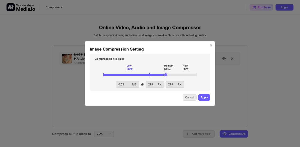 User interface of Wondershare Media.io, an online video, audio, and image compressor tool. The pop-up window titled ‘Compressed file size setting’ shows a slider for selecting compression levels: Low (3%), Medium (5%), or High (10%). Below the slider, file sizes before and after compression are displayed: 0.03 MB to 2.79 KB. An ‘Apply’ button is also visible.