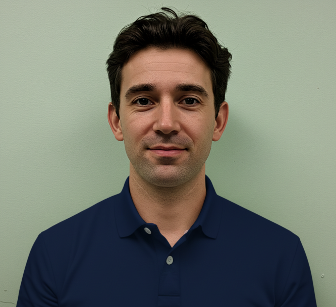Formal ID portrait with a light green background