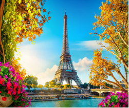 Eiffel Tower with colorful trees and flowers  Description automatically generated