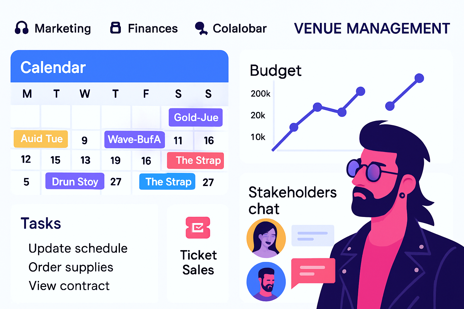 Infographic of a venue management software dashboard highlighting calendar, sales, and collaboration tools