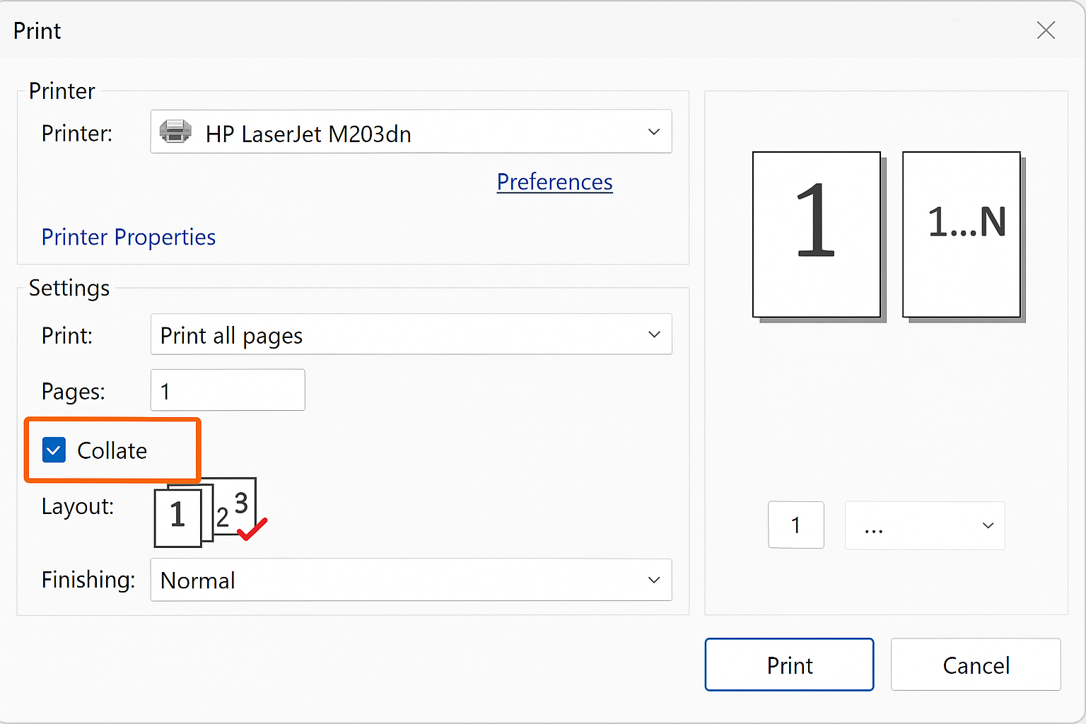 Windows print dialog with “Collate” checkbox checked and preview of sequential page sets