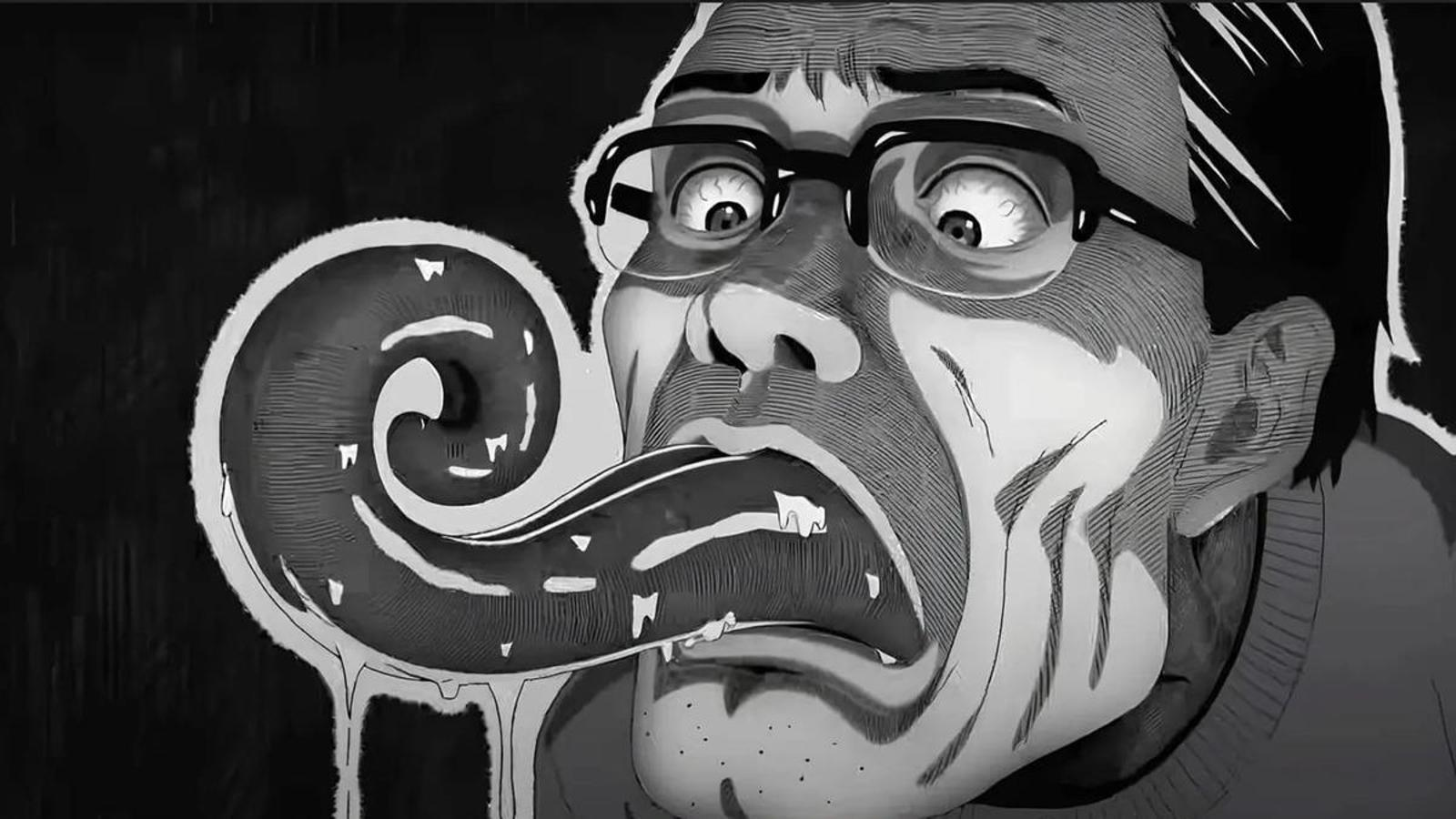 Hombre con gafas mostrando una lengua en espiral, imagen grotesca en blanco y negro del anime Uzumaki.