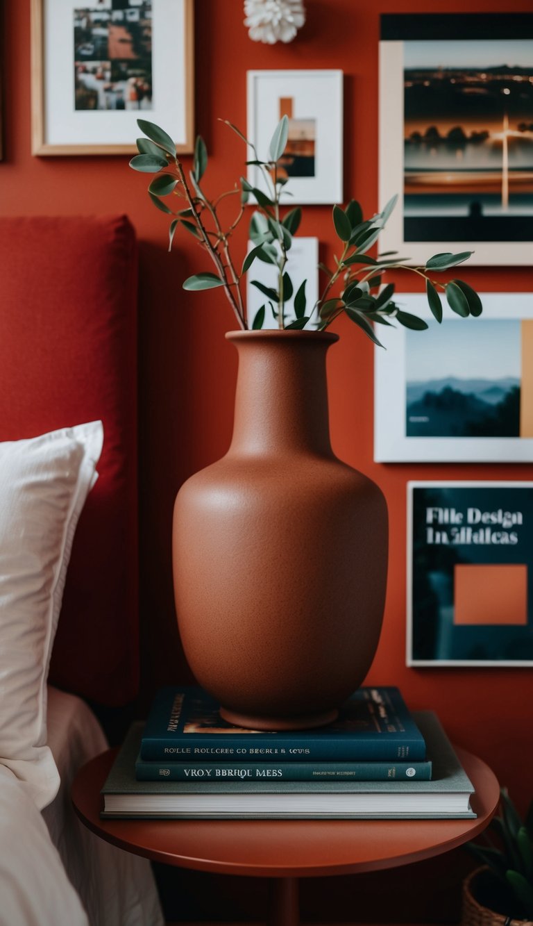 A rust-colored decorative vase sits on a bedside table in a cozy red bedroom, surrounded by various design inspirations and ideas