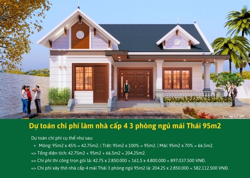 Dự toán chi phí làm nhà cấp 4 3 phòng ngủ mái Thái diện tích 95m2 Xây dựng Nhất Tín