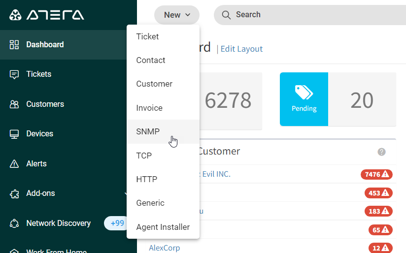 Screenshot of Atera's SNMP in Dashboard.