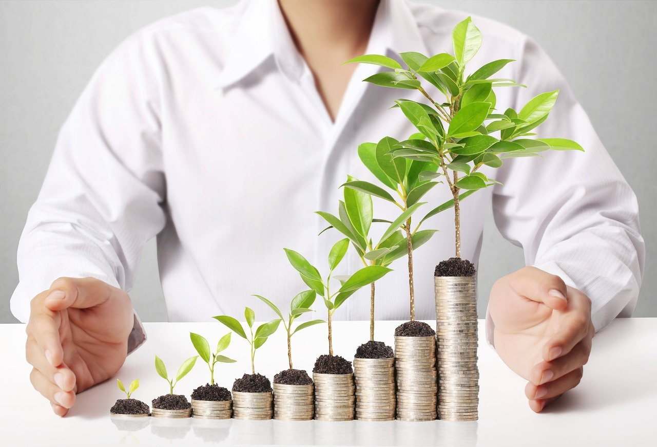 A person holding a plate with coins and a plant growing out of them

Description automatically generated