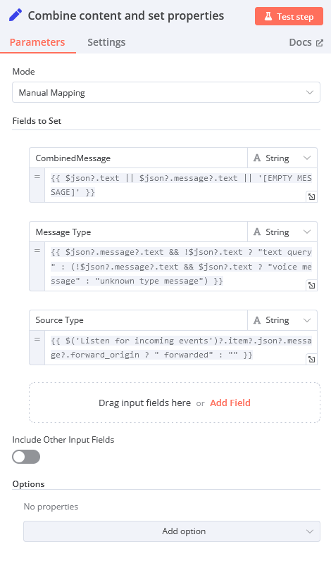 Set node creates additional fields before passing the message to the AI-agent