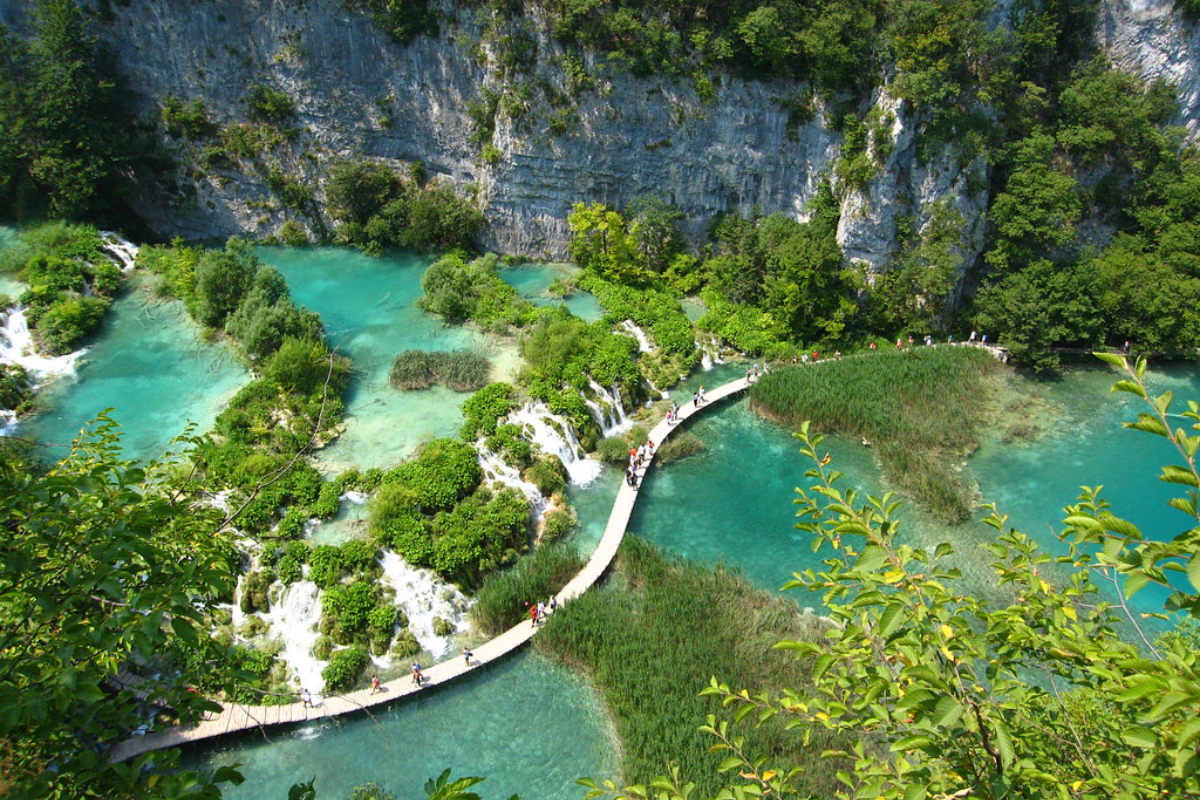 Clean and clear water and there are so many trees around their and tall mountain is there