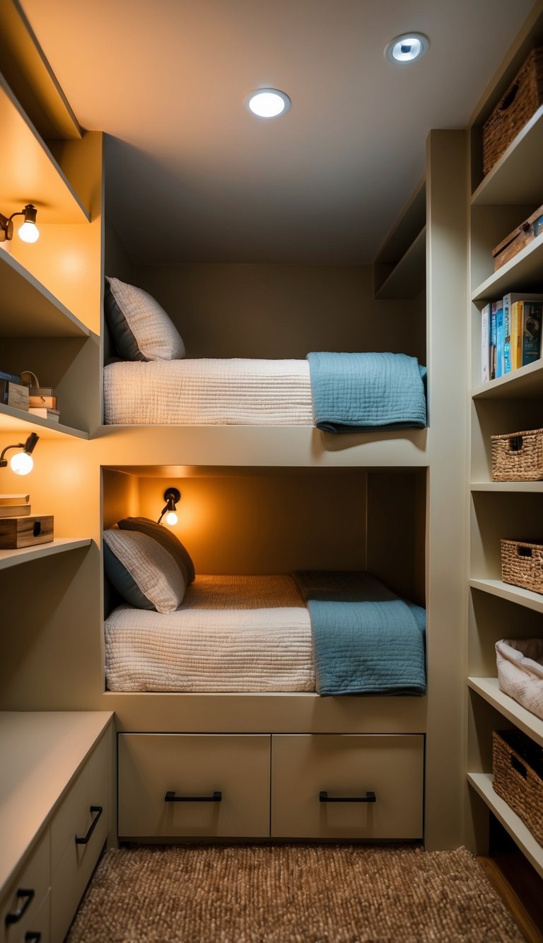 A cozy under-stair sleeping nook with built-in bunk beds and soft bedding, surrounded by warm lighting and storage shelves