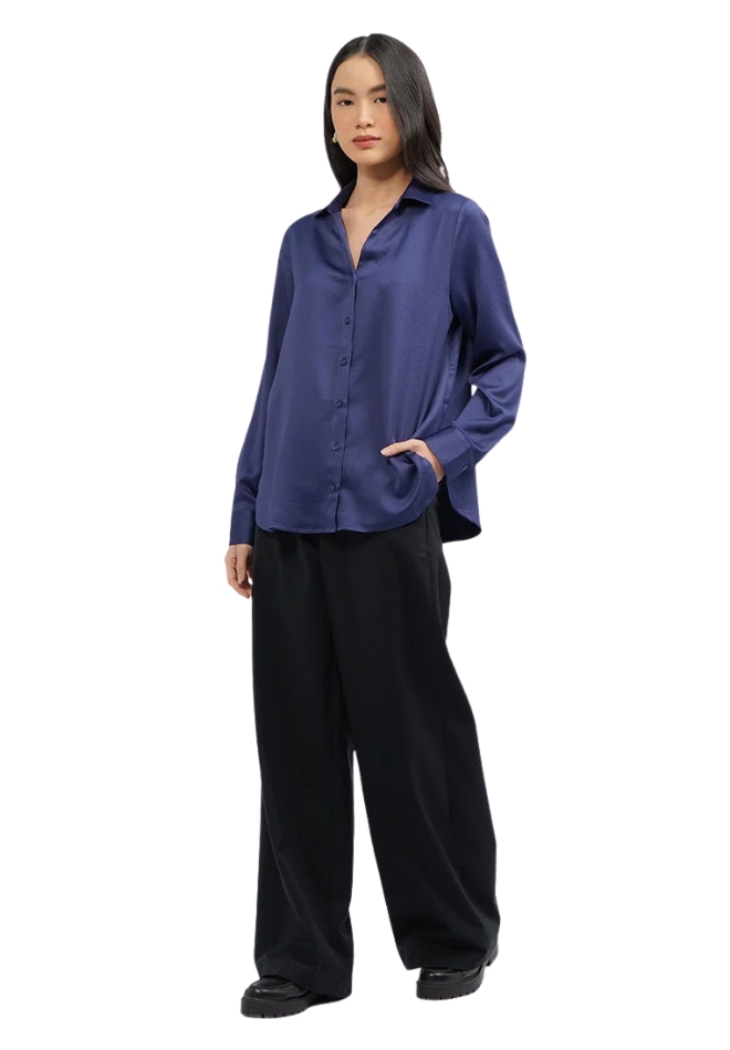 V-Neck Long Sleeve Satin Blouse Navy.