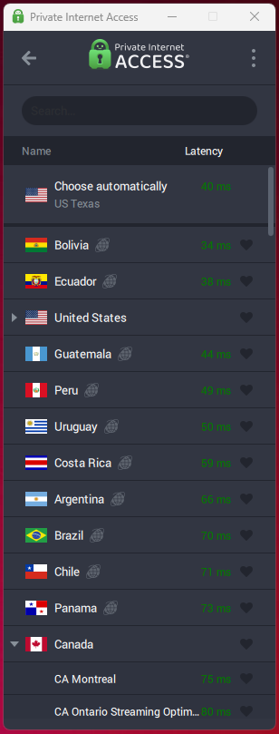 The server picker in the PIA app