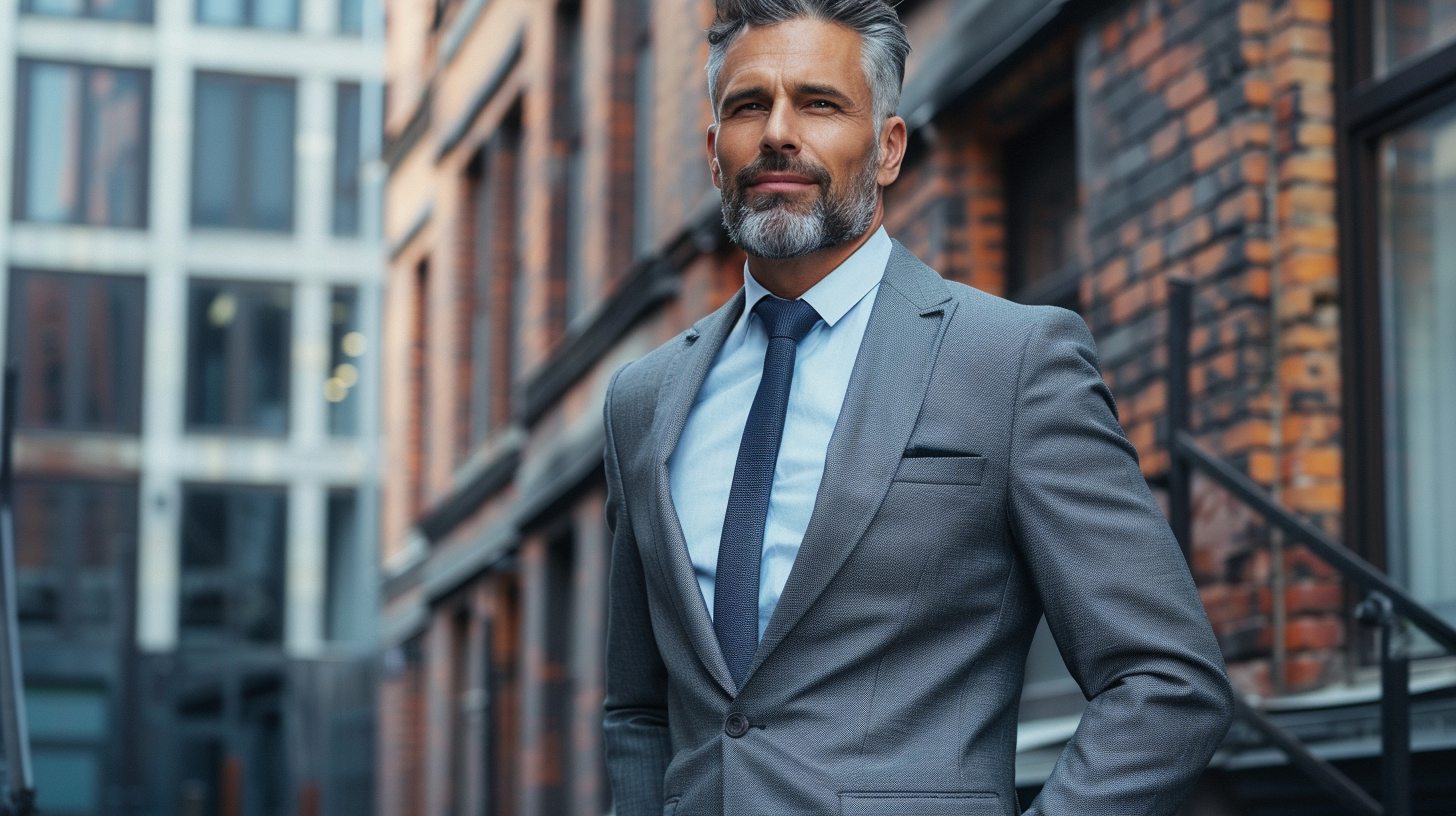 Man in a comfortable classic fit suit, looser cut for ease, professional environment or older gentleman, timeless gray or navy, relaxed posture