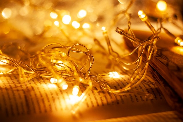 fairy lights, book, cozy
