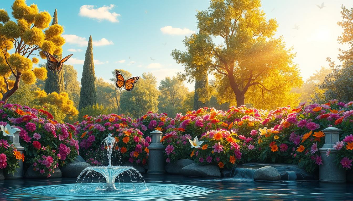 A serene landscape with a lush garden overflowing with vibrant flowers, surrounded by tall trees under a clear blue sky. In the foreground, a sparkling fountain symbolizes the flow of abundance, while butterflies dance around blooming blossoms. The atmosphere is warm and inviting, with soft sunlight filtering through the leaves, creating a sense of peace and fulfillment. Gentle streams of water flow through the garden, reflecting the colors of the flowers and enhancing the feeling of prosperity and joy.