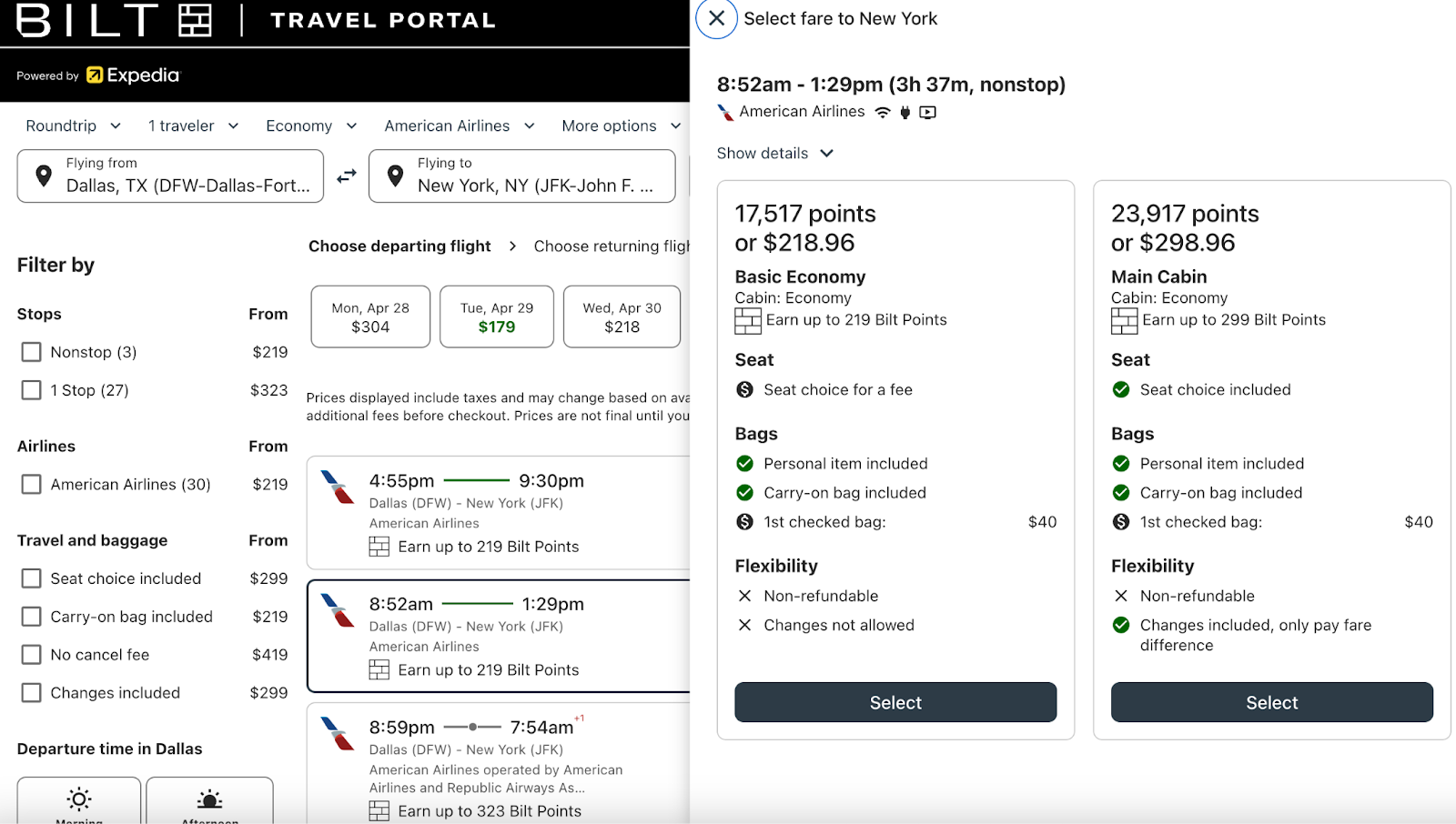 selecting AA flights in the Bilt portal 