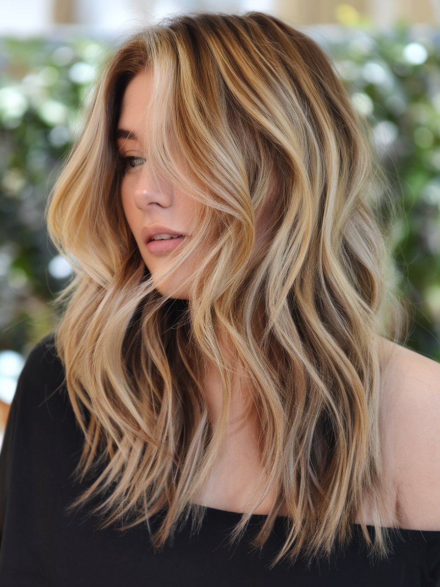 29. Honey Blonde Waves with Highlights