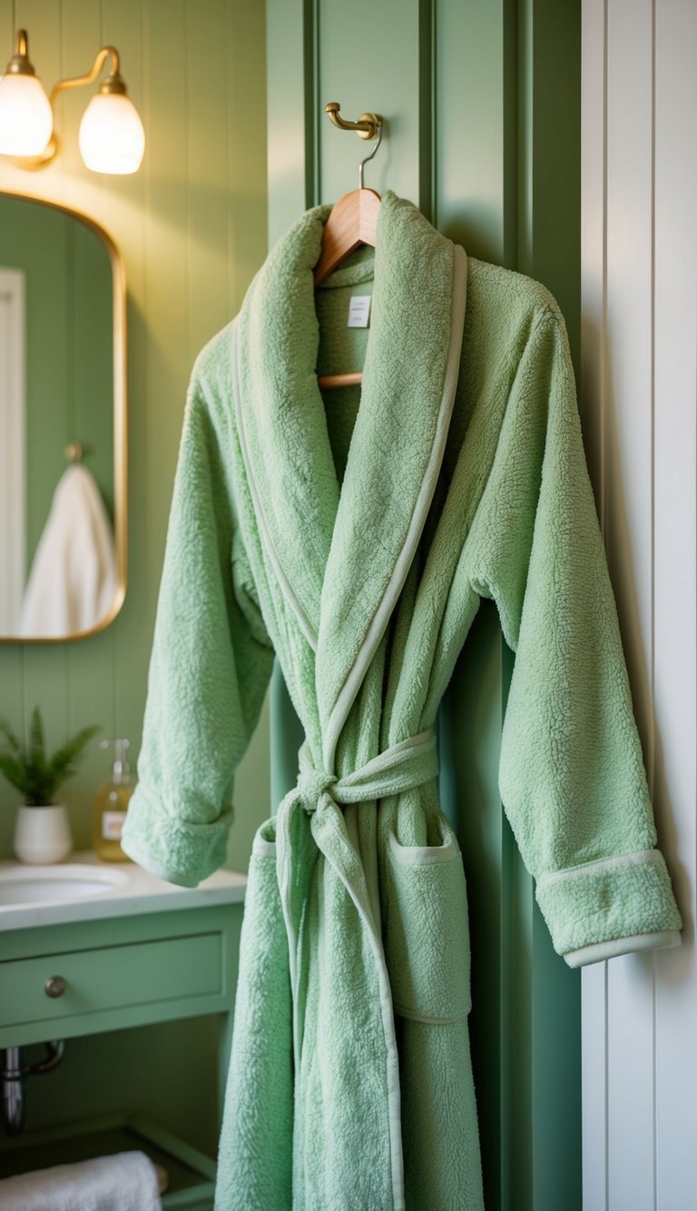 A plush organic green bathrobe hangs on a hook in a serene green bathroom with natural decor and soft lighting