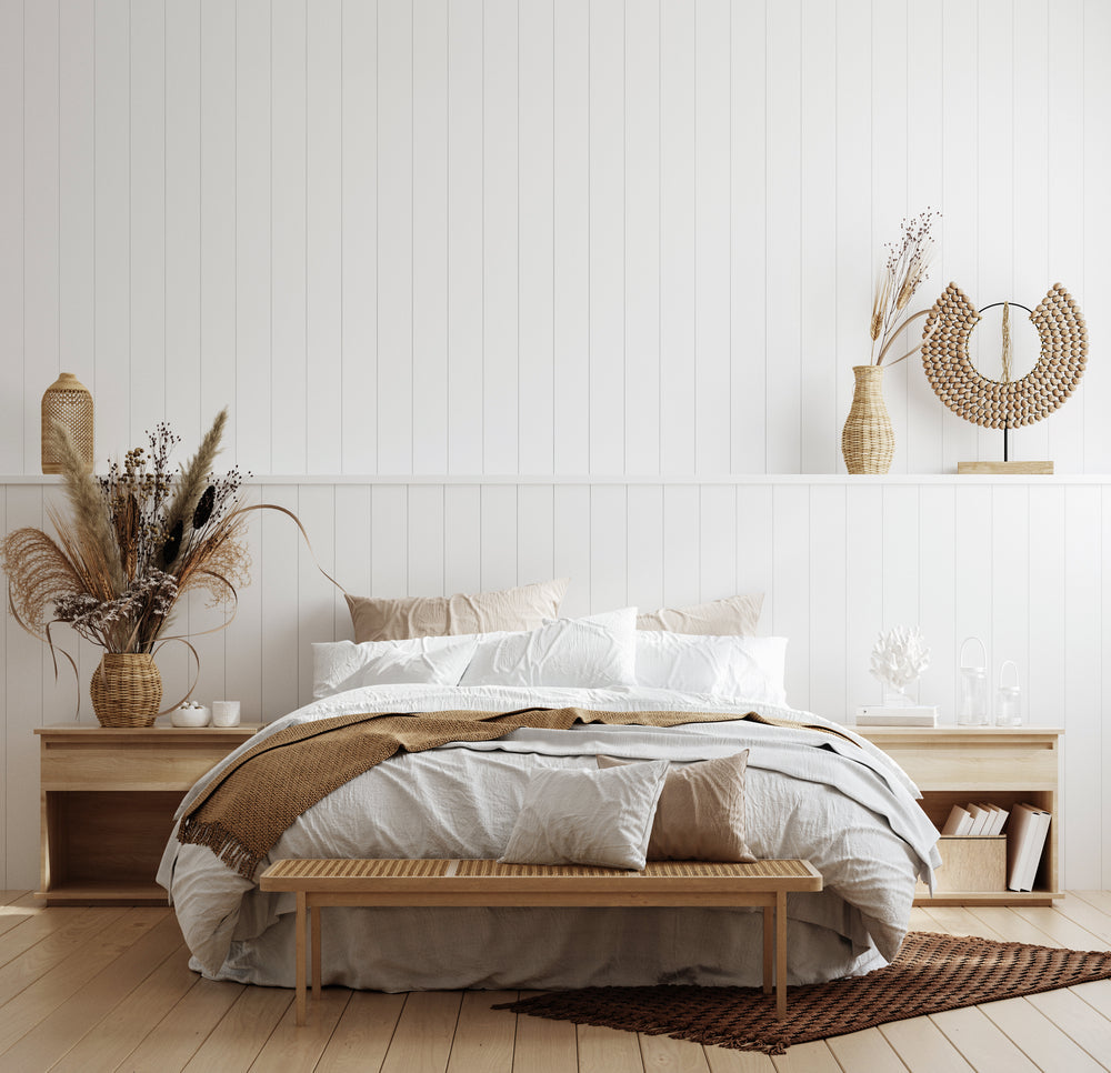 Shiplap wallpaper in bedroom