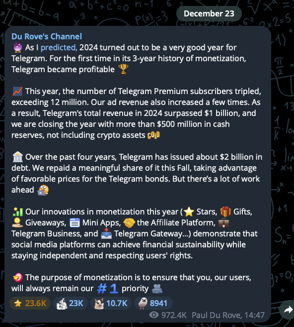 Pavel Durov's end-yer announcement on Telegram