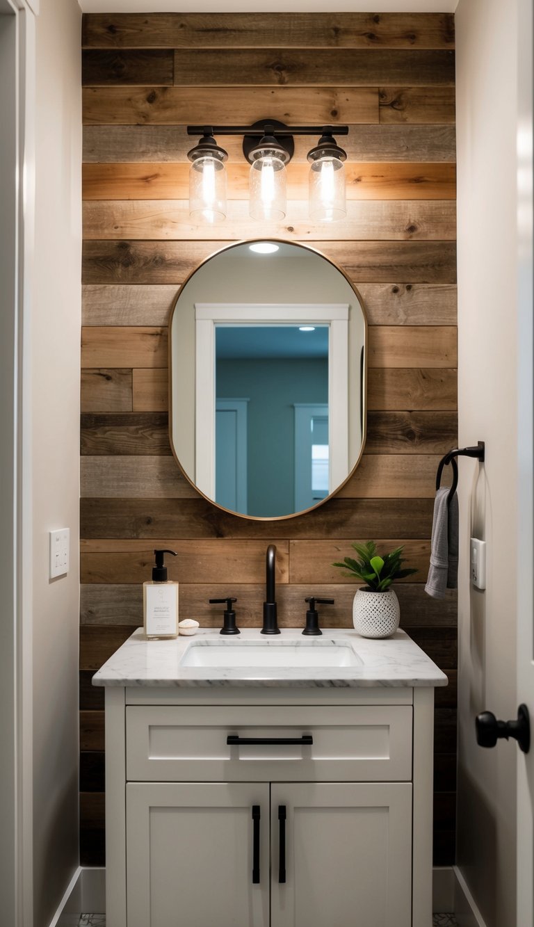 A rustic shiplap backsplash adorns a modern bathroom vanity