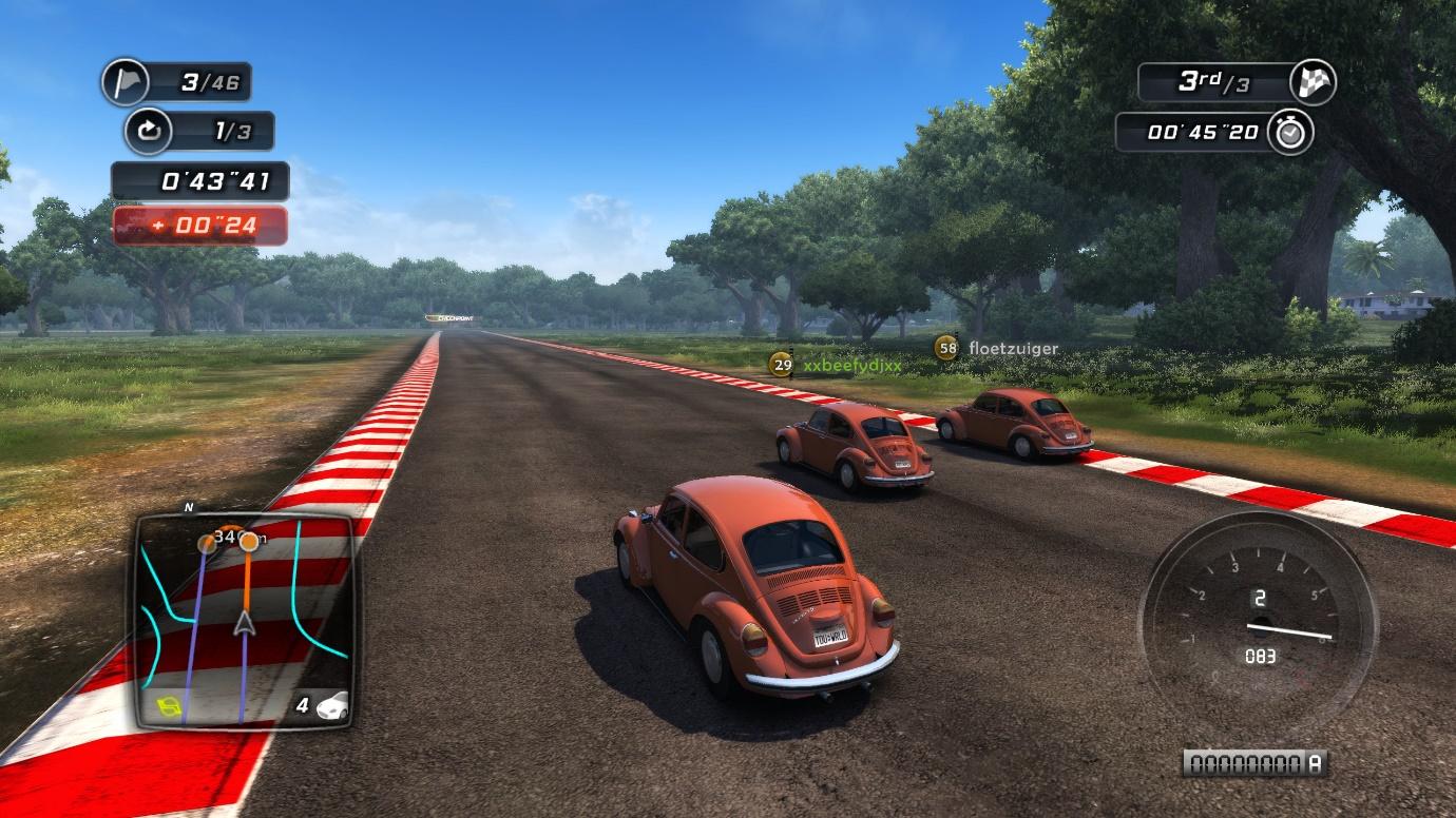 A video game of cars on a race track  Description automatically generated