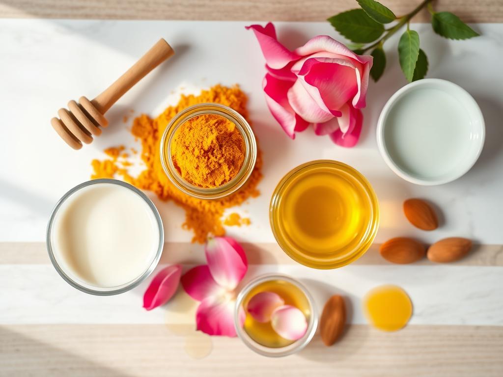 Ayurvedic ingredients for lip care including turmeric, honey, rose petals, and milk arranged beautifully