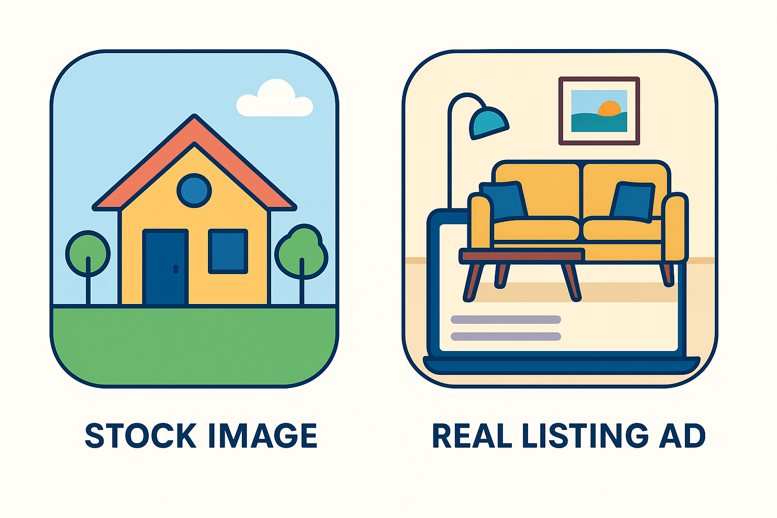 Side-by-side 2D illustrations comparing a generic stock image of a house with a colorful, detailed real listing ad of a living room