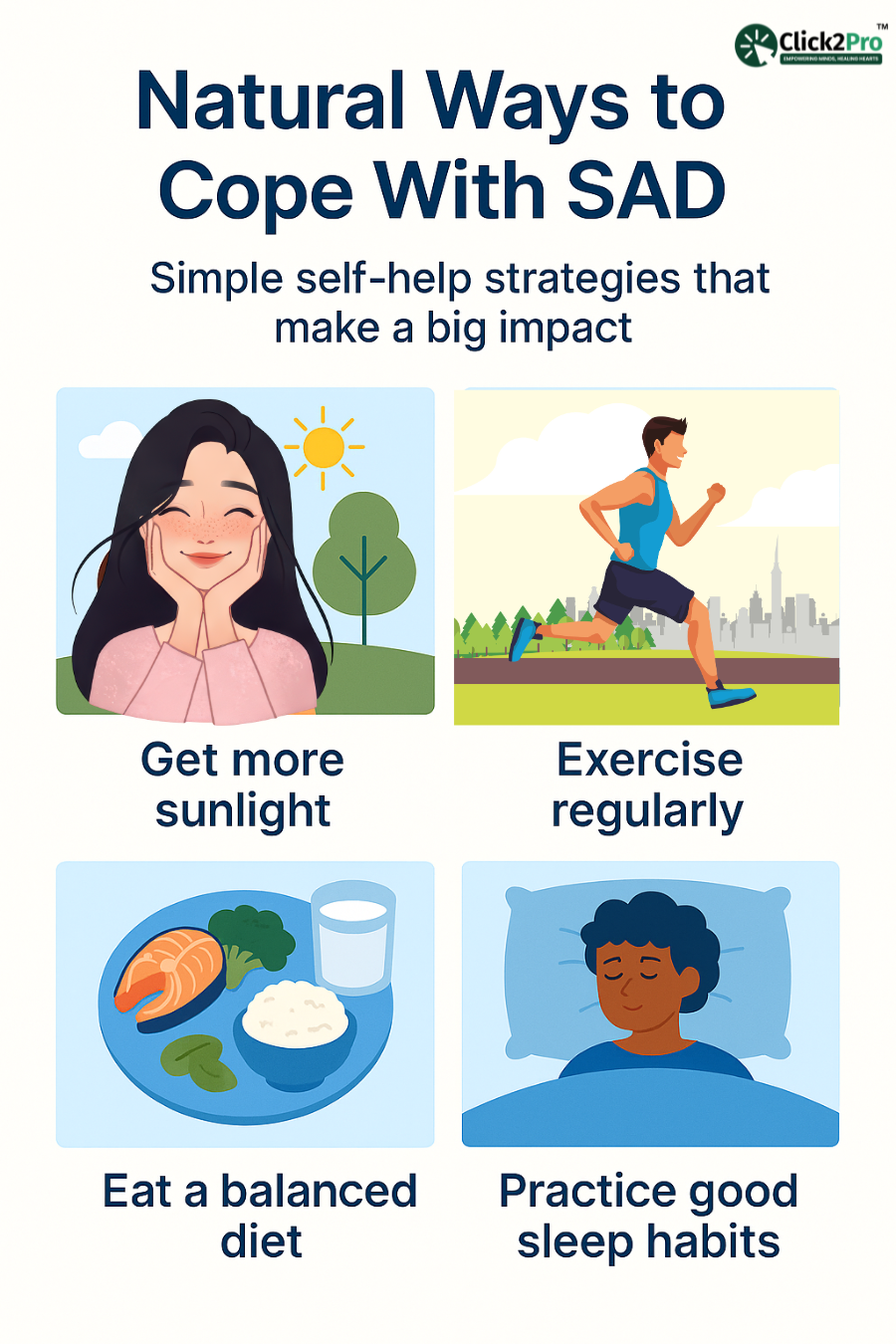 Natural ways to manage SAD: sunlight, exercise, healthy diet, and better sleep habits