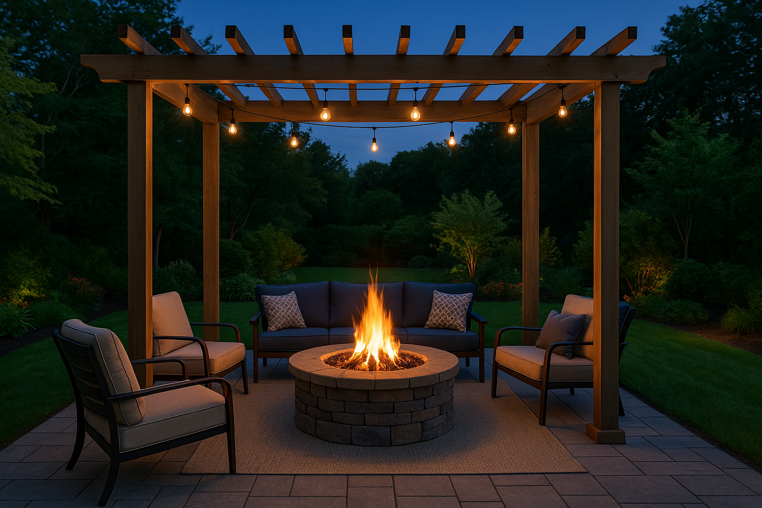 Pergola with central fire pit surrounded by seating, illuminated by ambient lighting at dusk.