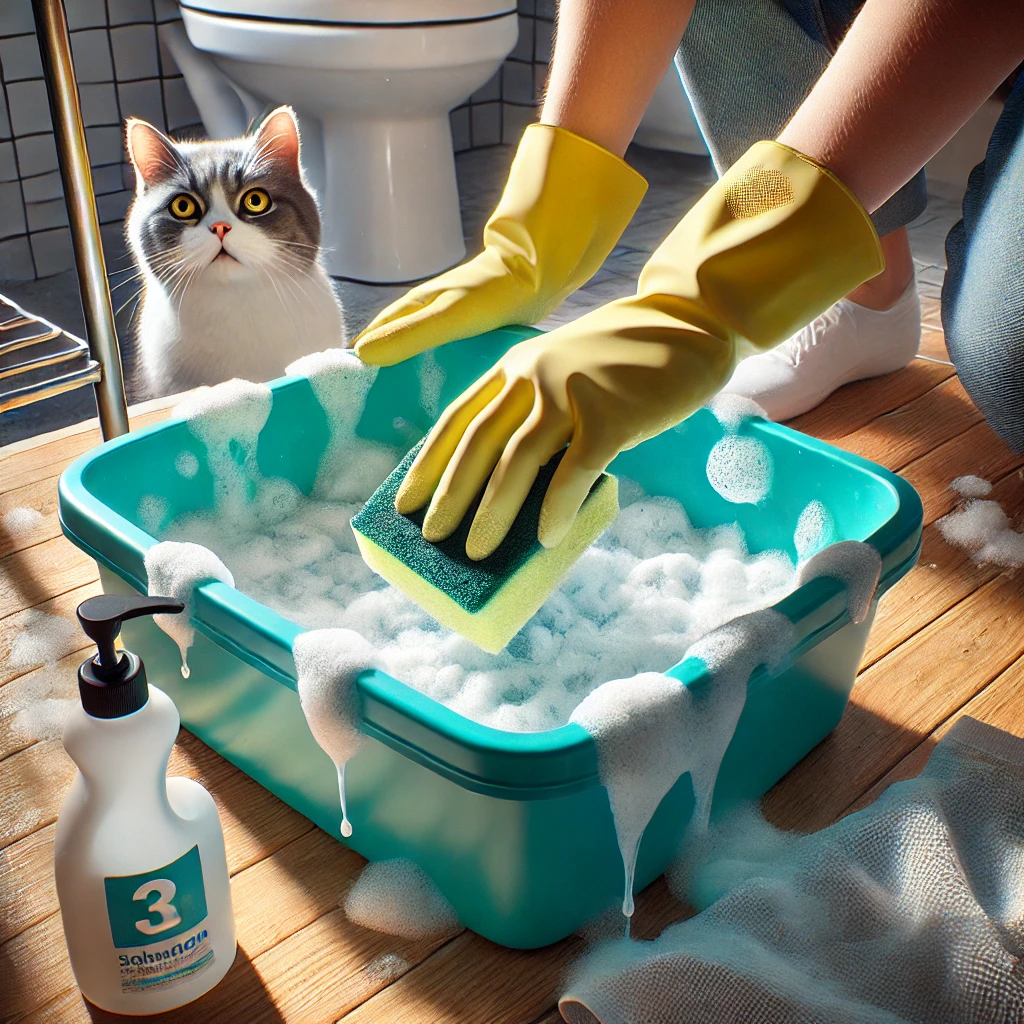 washing litter box cat
