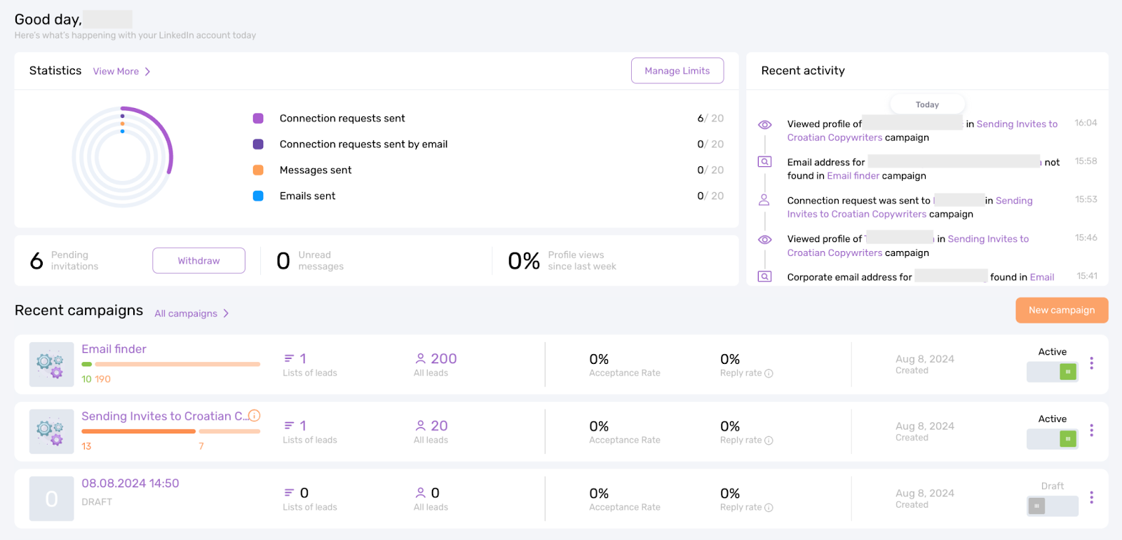 The main dashboard on Dripify