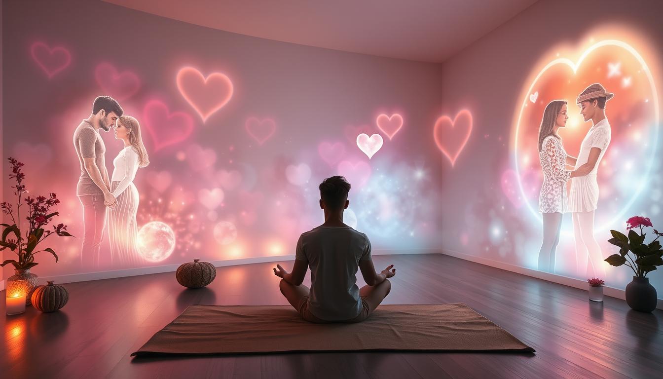 A serene meditation space with a person sitting cross-legged on a soft mat, surrounded by ethereal glowing images of ideal romantic partners, colorful aura lights, soft natural elements like plants and flowers, and a peaceful ambient atmosphere, reflecting dreams and desires.