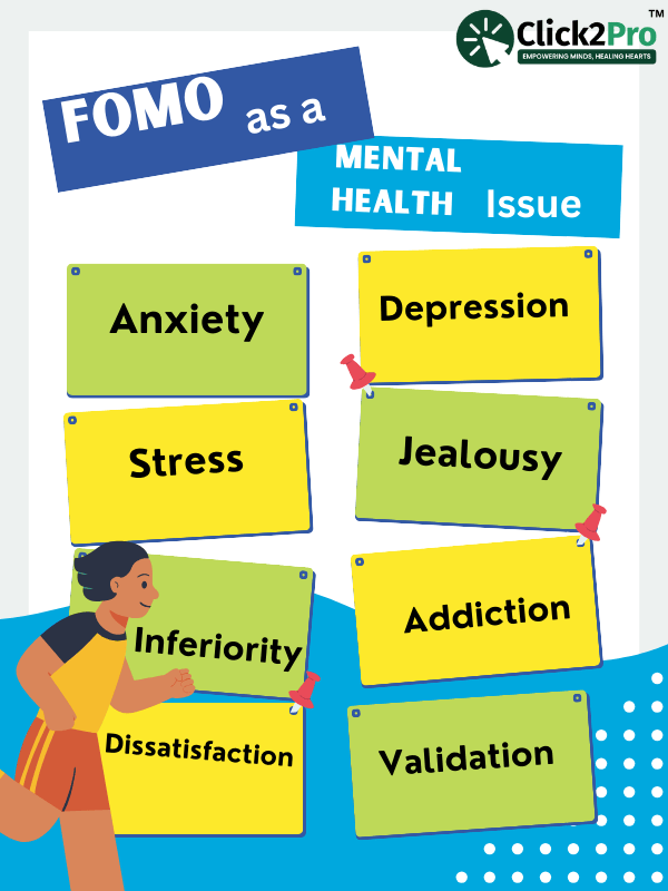 Infographic showing FOMO as a mental health issue with anxiety, depression, stress, and more