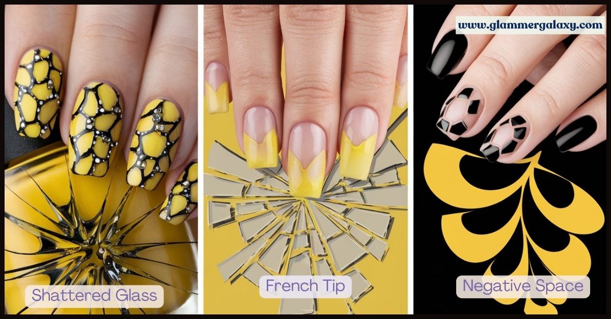 Three nail art designs featuring avant-garde yellow themes with shattered glass, French tip, and negative space styles.