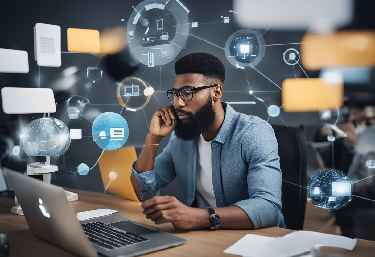 A person researching SEO agencies, surrounded by various communication tools and devices, with a thoughtful expression