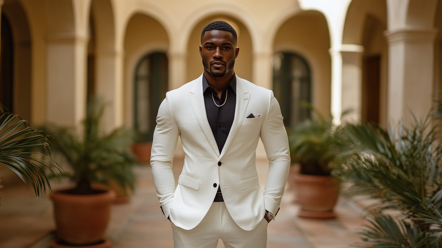 
A groom in a bold pure white suit, standing confidently in an elegant wedding setting. The stark brightness of the white suit makes a powerful statement, drawing attention with its clean, sharp lines. The groom’s polished black shoes add sophistication, and his simple accessories keep the focus on the striking suit. The refined wedding venue, with its luxurious décor and soft lighting, perfectly complements the groom's bold and timeless wedding look