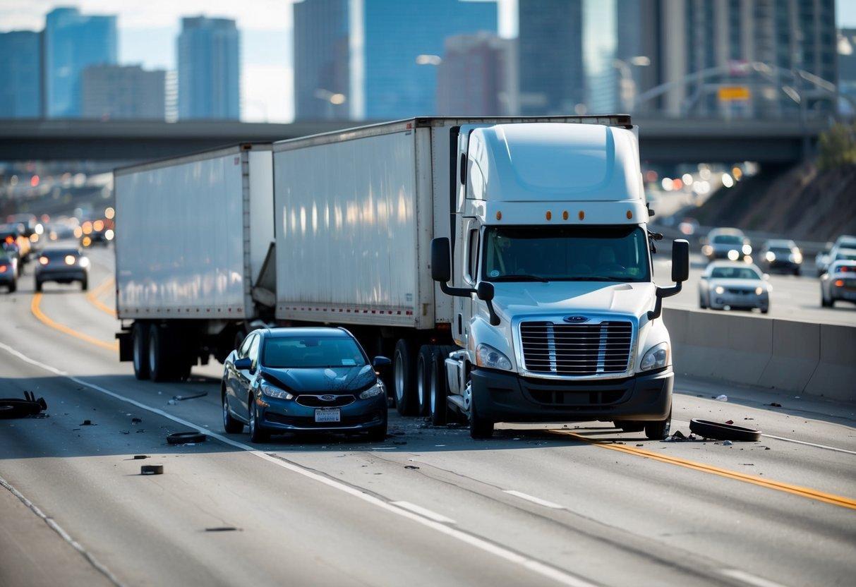 A semi-truck collides with a smaller vehicle on a busy Denver highway, causing significant damage and chaos