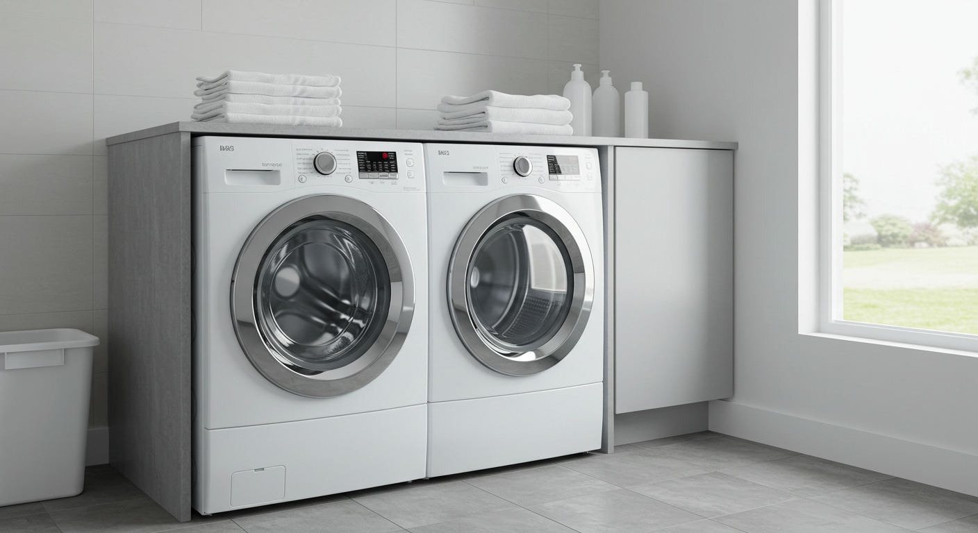 Uma máquina de lavar e uma secadora de roupas lado a lado em uma lavanderia moderna e organizada.