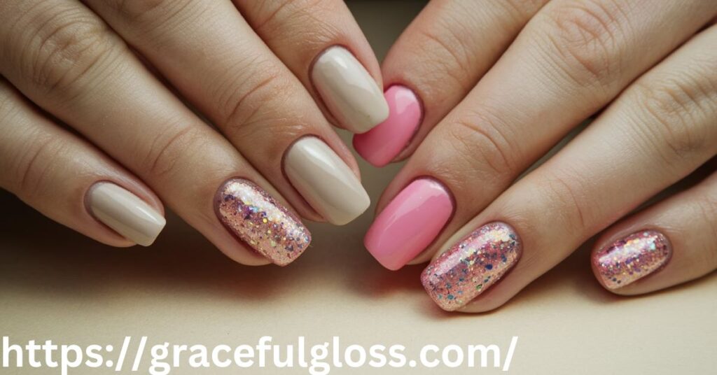 Half Pink Glitter, Half Natural Nails for a Split Design