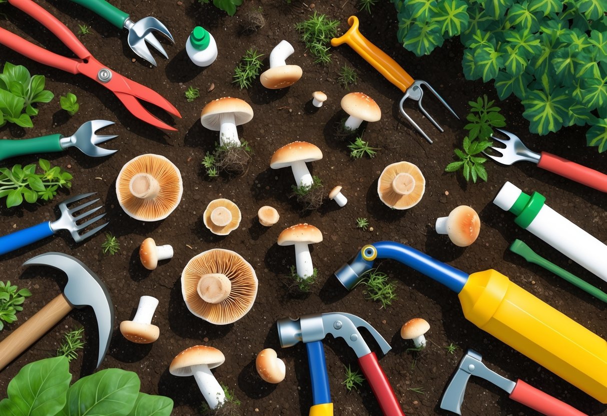 A garden with scattered mushrooms, surrounded by a variety of tools and products for preventing and removing them