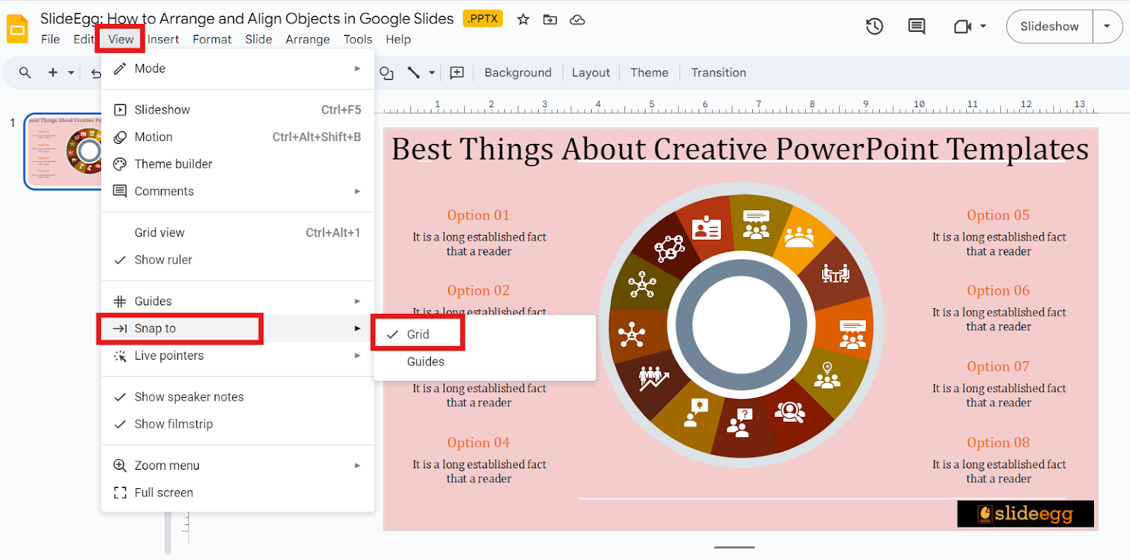 Snap to Grid Option in the Insert menu in Google Slides Interface.